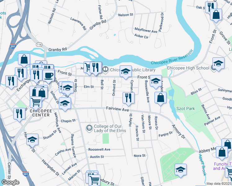 map of restaurants, bars, coffee shops, grocery stores, and more near 40 Orchard Street in Chicopee