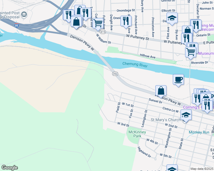 map of restaurants, bars, coffee shops, grocery stores, and more near 401-10400 Pace Road in Corning
