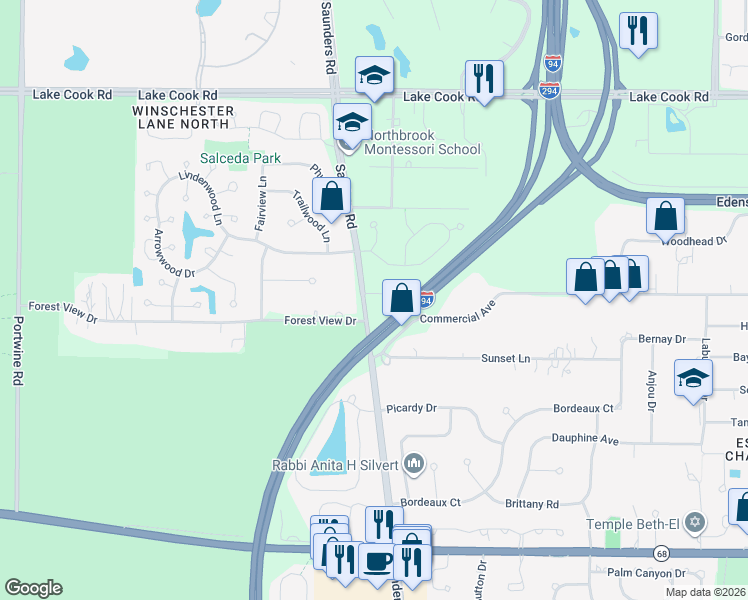 map of restaurants, bars, coffee shops, grocery stores, and more near 4170 Cardinal Court in Northbrook