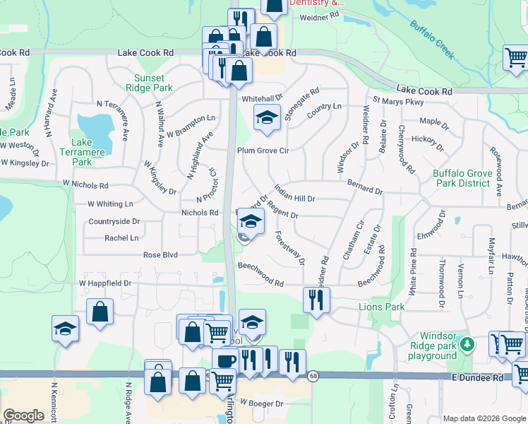 map of restaurants, bars, coffee shops, grocery stores, and more near 405 Regent Drive in Buffalo Grove