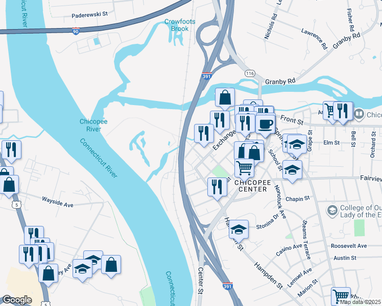 map of restaurants, bars, coffee shops, grocery stores, and more near 45 Depot Street in Chicopee