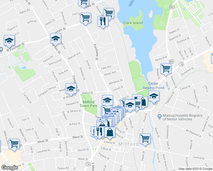 map of restaurants, bars, coffee shops, grocery stores, and more near 3 Purchase Street in Milford