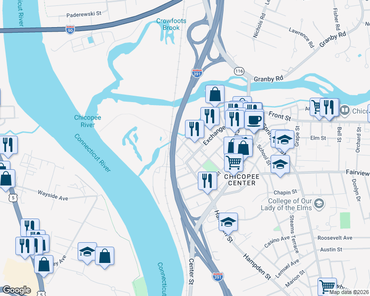 map of restaurants, bars, coffee shops, grocery stores, and more near 25 Depot Street in Chicopee