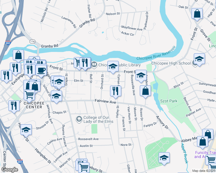 map of restaurants, bars, coffee shops, grocery stores, and more near 32 Luther Street in Chicopee