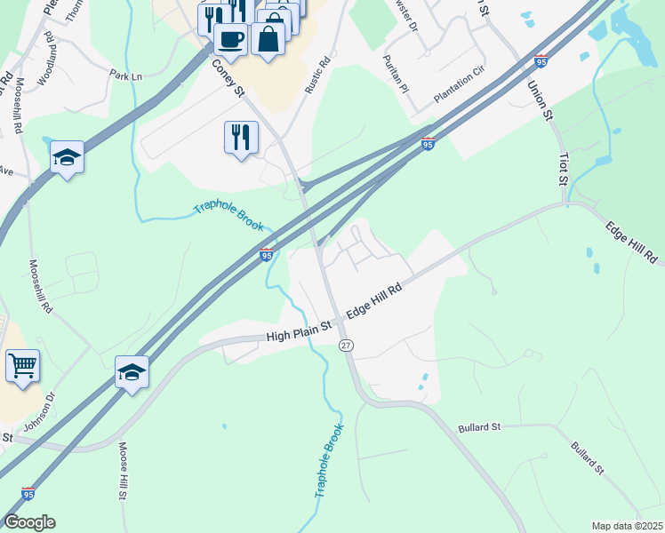 map of restaurants, bars, coffee shops, grocery stores, and more near 357 Norwood Street in Sharon