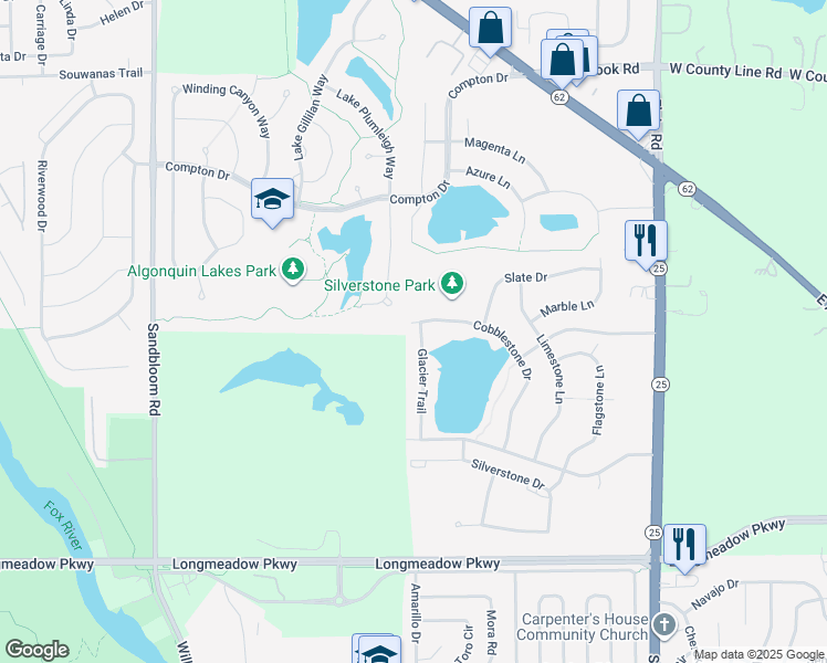 map of restaurants, bars, coffee shops, grocery stores, and more near 1565 Glacier Trail in Carpentersville