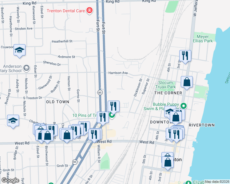 map of restaurants, bars, coffee shops, grocery stores, and more near 1585 Harbour Boulevard in Trenton