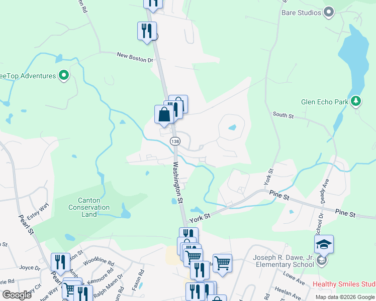 map of restaurants, bars, coffee shops, grocery stores, and more near Stagecoach Road in Canton