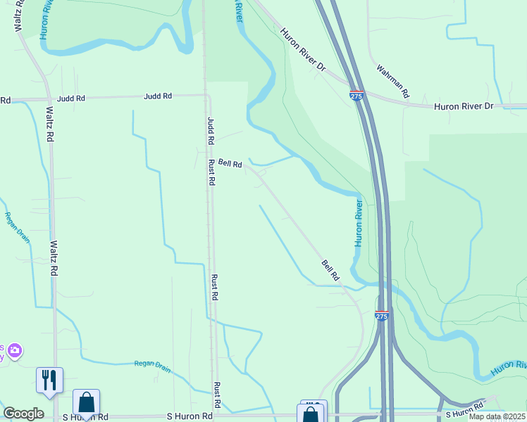map of restaurants, bars, coffee shops, grocery stores, and more near 21982 Bell Road in Huron Charter Township