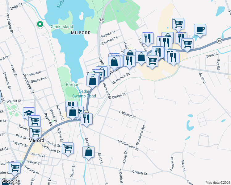 map of restaurants, bars, coffee shops, grocery stores, and more near 19 Middleton Street in Milford