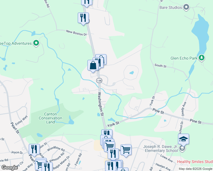 map of restaurants, bars, coffee shops, grocery stores, and more near Stagecoach Road in Canton