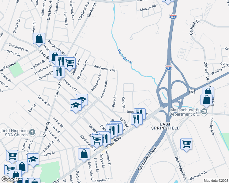 map of restaurants, bars, coffee shops, grocery stores, and more near 91 Price Street in Springfield