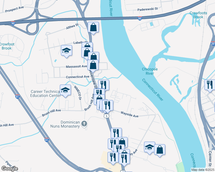 map of restaurants, bars, coffee shops, grocery stores, and more near 1583 Riverdale Street in West Springfield