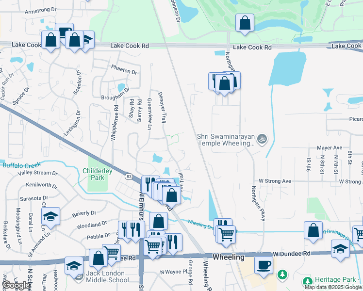 map of restaurants, bars, coffee shops, grocery stores, and more near 440 Denoyer Trail in Wheeling