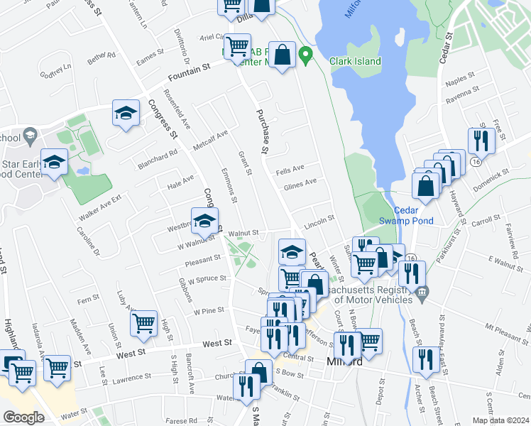 map of restaurants, bars, coffee shops, grocery stores, and more near 5 Grant Street in Milford