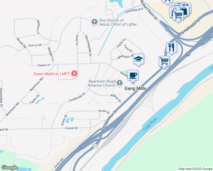map of restaurants, bars, coffee shops, grocery stores, and more near 11 New Haven Road in Painted Post