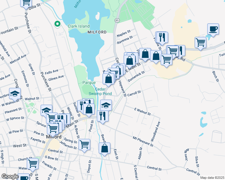 map of restaurants, bars, coffee shops, grocery stores, and more near 81 East Main Street in Milford