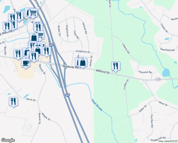 map of restaurants, bars, coffee shops, grocery stores, and more near 194 Medway Road in Milford