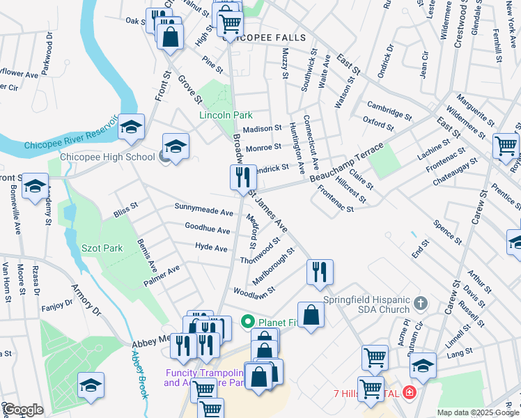 map of restaurants, bars, coffee shops, grocery stores, and more near 30 Saint James Avenue in Chicopee