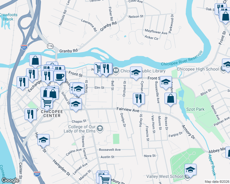 map of restaurants, bars, coffee shops, grocery stores, and more near 41 Bell Street in Chicopee