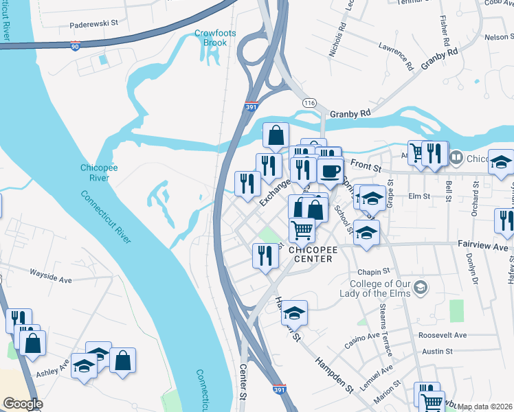 map of restaurants, bars, coffee shops, grocery stores, and more near 117 Exchange Street in Chicopee