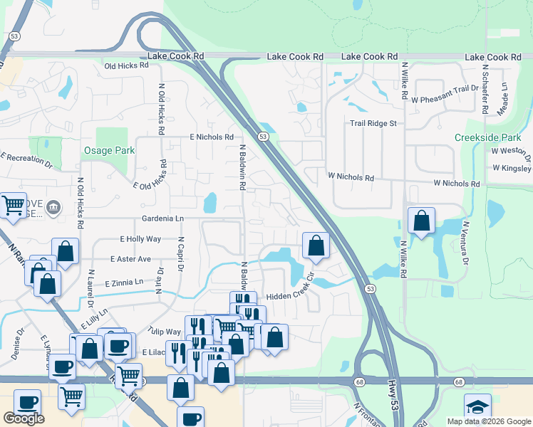 map of restaurants, bars, coffee shops, grocery stores, and more near 1920 Cambridge Court in Palatine
