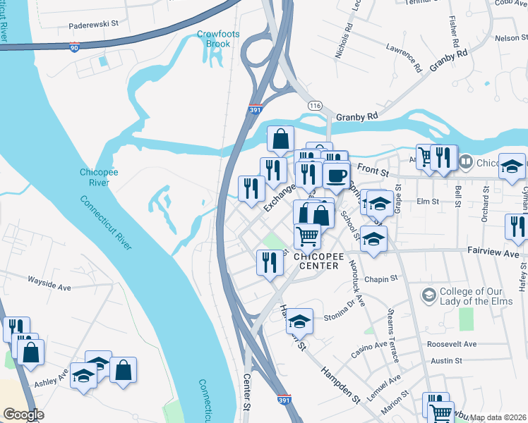 map of restaurants, bars, coffee shops, grocery stores, and more near 117 Exchange St in Chicopee