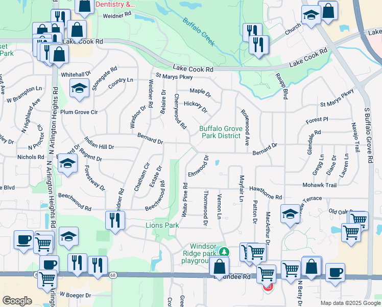 map of restaurants, bars, coffee shops, grocery stores, and more near 657 Bernard Drive in Buffalo Grove