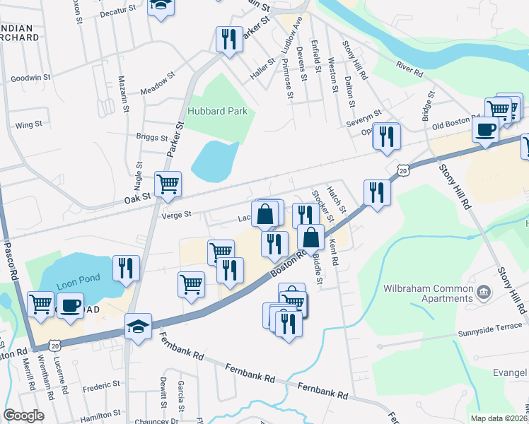 map of restaurants, bars, coffee shops, grocery stores, and more near 176 Laconia Street in Springfield