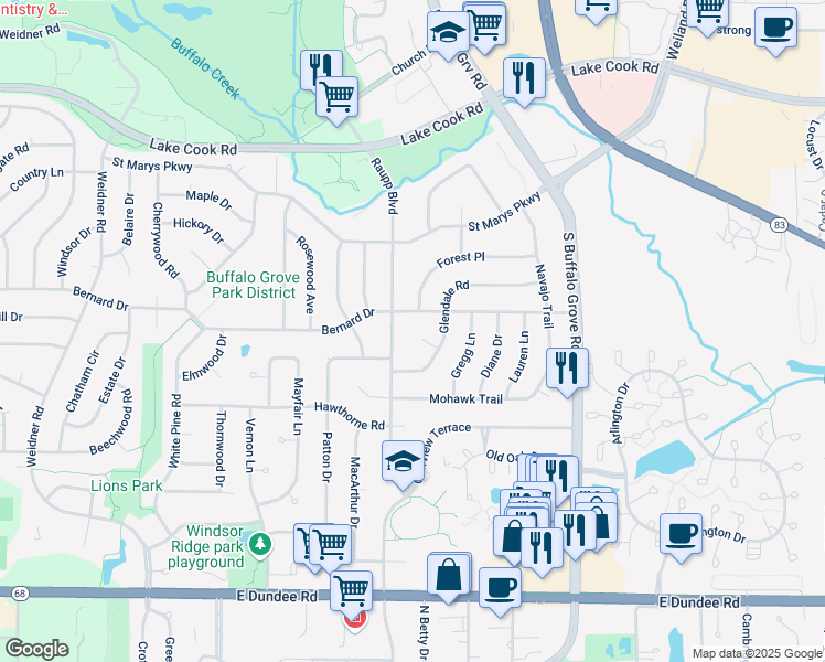 map of restaurants, bars, coffee shops, grocery stores, and more near 253 Bernard Drive in Buffalo Grove
