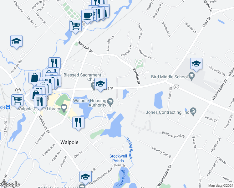 map of restaurants, bars, coffee shops, grocery stores, and more near 20 Eastover Road in Walpole