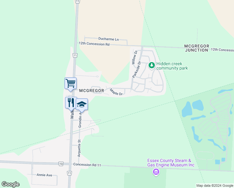 map of restaurants, bars, coffee shops, grocery stores, and more near Maple Crescent in Essex