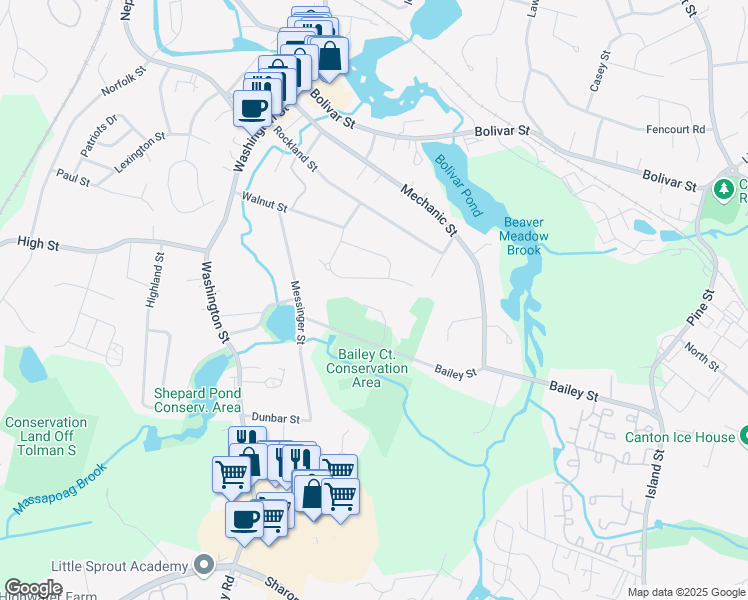 map of restaurants, bars, coffee shops, grocery stores, and more near 20 Bailey Court in Canton