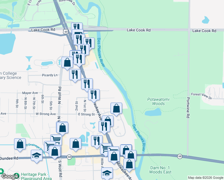 map of restaurants, bars, coffee shops, grocery stores, and more near 274 Prairie View Lane in Wheeling