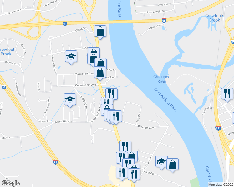 map of restaurants, bars, coffee shops, grocery stores, and more near 1583 Riverdale Street in West Springfield