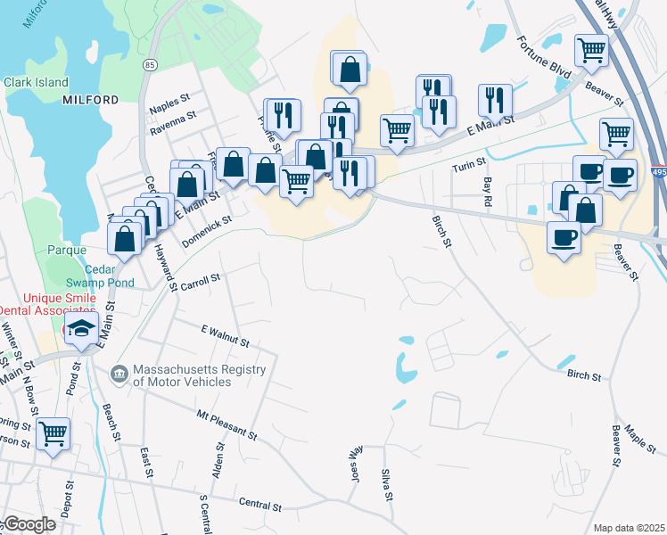 map of restaurants, bars, coffee shops, grocery stores, and more near 10 Veterans Memorial Drive in Milford