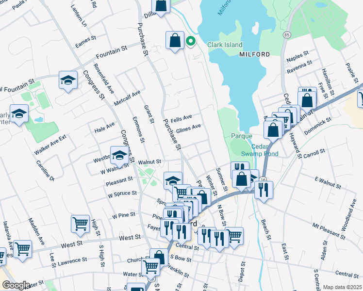 map of restaurants, bars, coffee shops, grocery stores, and more near 11 Purchase Street in Milford