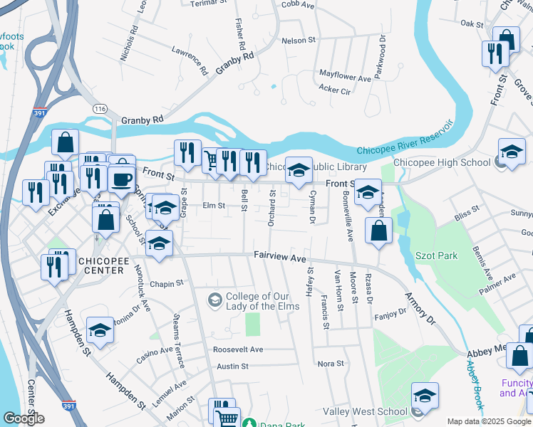 map of restaurants, bars, coffee shops, grocery stores, and more near 40 Orchard Street in Chicopee