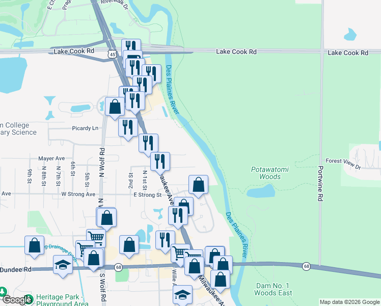 map of restaurants, bars, coffee shops, grocery stores, and more near 274 Prairie View Lane in Wheeling