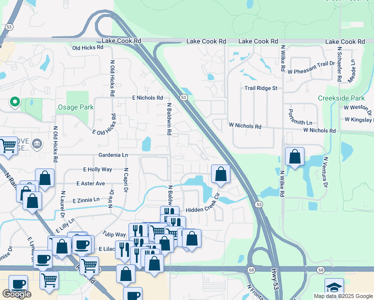 map of restaurants, bars, coffee shops, grocery stores, and more near 1920 Cambridge Court in Palatine