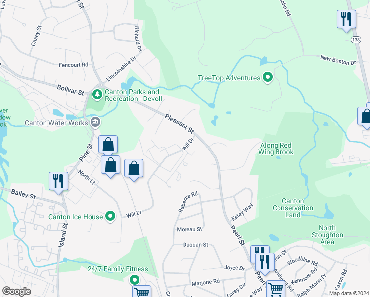 map of restaurants, bars, coffee shops, grocery stores, and more near 20 Will Drive in Canton