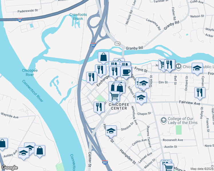 map of restaurants, bars, coffee shops, grocery stores, and more near 52 Dwight Street in Chicopee