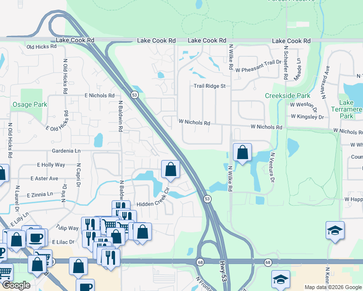 map of restaurants, bars, coffee shops, grocery stores, and more near 2031 West Spring Ridge Drive in Arlington Heights