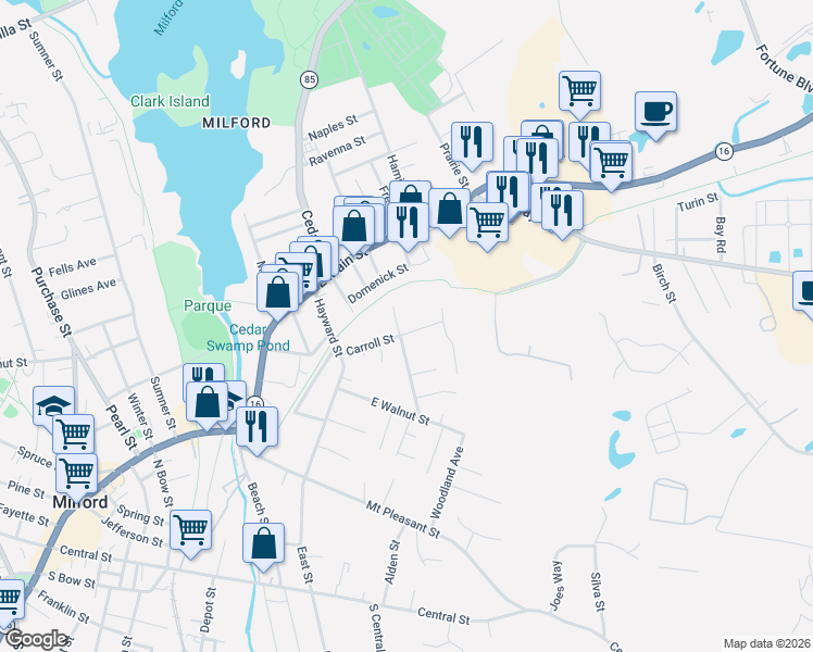 map of restaurants, bars, coffee shops, grocery stores, and more near 3 Dell-Ann Circle in Milford