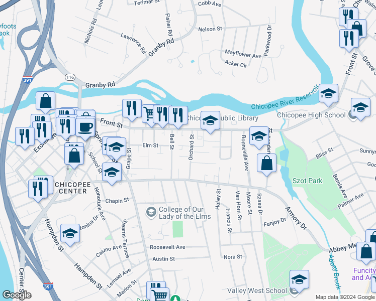 map of restaurants, bars, coffee shops, grocery stores, and more near 46 Orchard Street in Chicopee