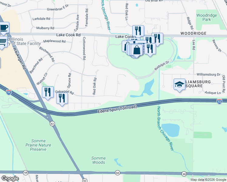map of restaurants, bars, coffee shops, grocery stores, and more near 302 Linden Road in Northbrook