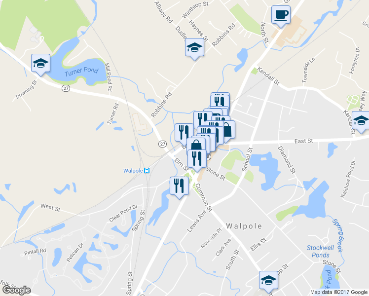map of restaurants, bars, coffee shops, grocery stores, and more near 42 Glenwood Avenue in Walpole
