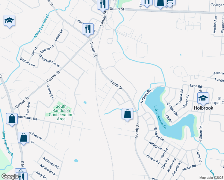 map of restaurants, bars, coffee shops, grocery stores, and more near 726 South Street in Holbrook