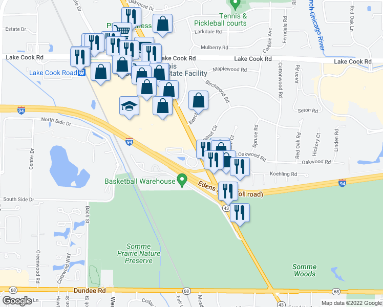 map of restaurants, bars, coffee shops, grocery stores, and more near 350 South Waukegan Road in Deerfield