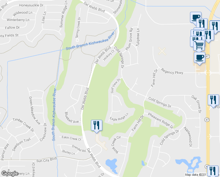 map of restaurants, bars, coffee shops, grocery stores, and more near 12591 Golf View Drive in Huntley